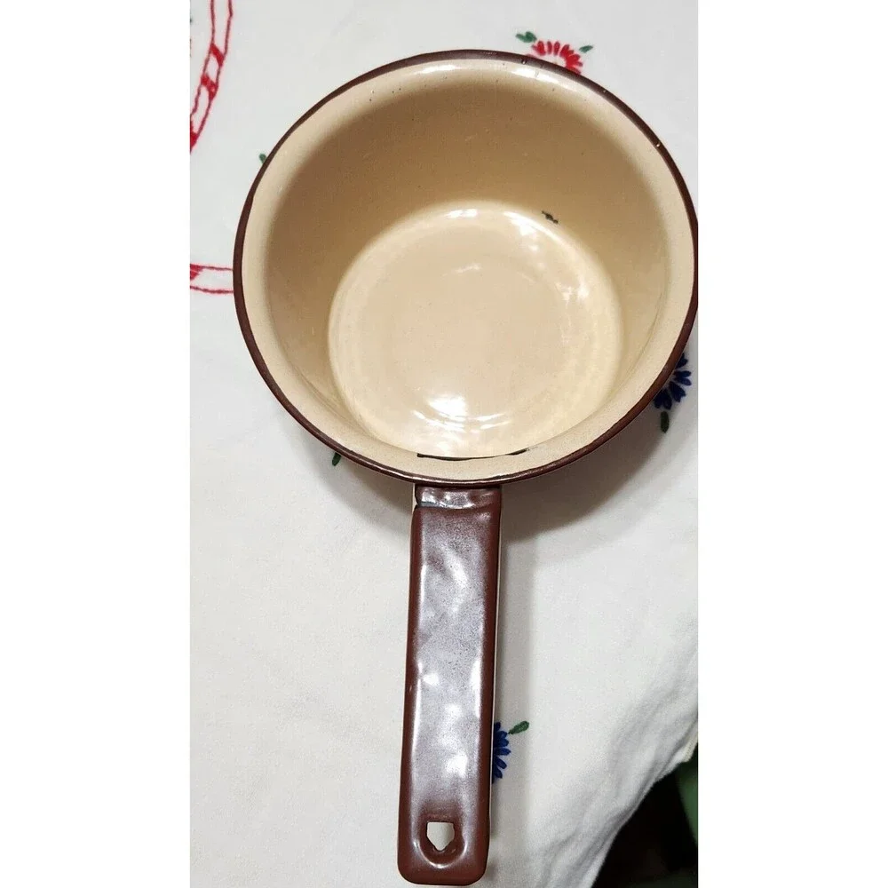 Set of 2 Enamelware Sauce Pans Light Speckle Beige & Brown Enamel
